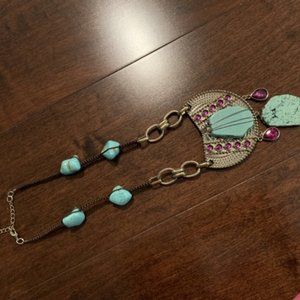 NWOT Turquoise & Gold Necklace, with purple crystals.  Statement piece.
